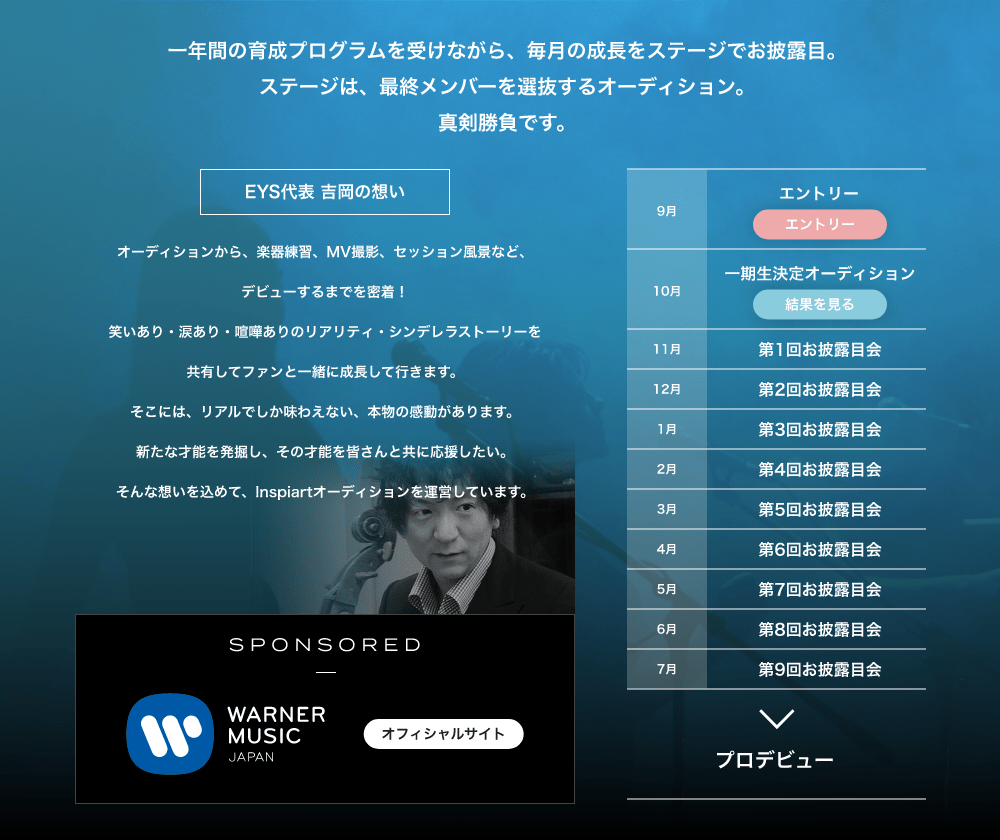 一年間の育成プログラムを受けながら、毎月の成長をステージでお披露目。ステージは、最終メンバーを選抜するオーディション。真剣勝負です。「EYS代表 吉岡の想い」「オーディションから、楽器練習、MV撮影、セッション風景など、デビューするまでを密着！笑いあり・涙あり・喧嘩ありのリアリティ・シンデレラストーリーを共有してファンと一緒に成長して行きます。そこには、リアルでしか味わえない、本物の感動があります。新たな才能を発掘し、その才能を皆さんと共に応援したい。そんな想いを込めて、Inspiartオーディションを運営しています。」「９月：エントリー、10月：一期生決定オーディション、」「11月から7月まで第1回お披露目会、第2回お披露目会、第3回お披露目会、第4回お披露目会、第5回お披露目会、第6回お披露目会、第7回お披露目会、第8回お披露目会、第9回お披露目会」