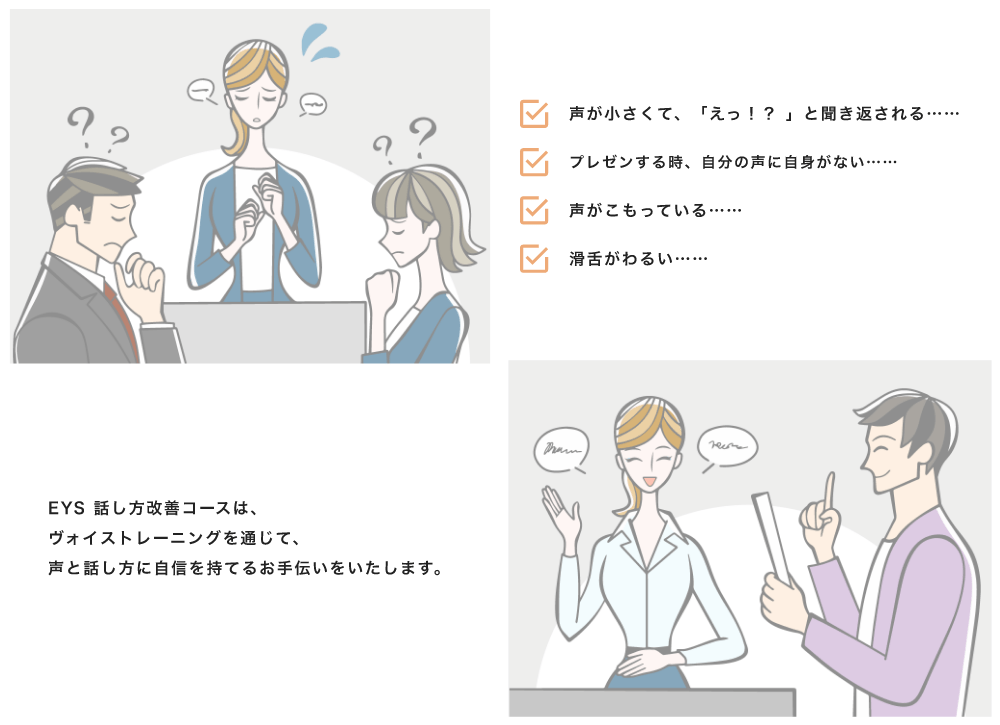 「声が小さくて、「えっ!? 」と聞き返される」「プレゼンする時、自分の声に自身がない」「声がこもっている」「滑舌がわるい」「EYS 話し方改善コースは、ボイストレーニングを通じて、声と話し方に自信を持てるお手伝いをいたします。」