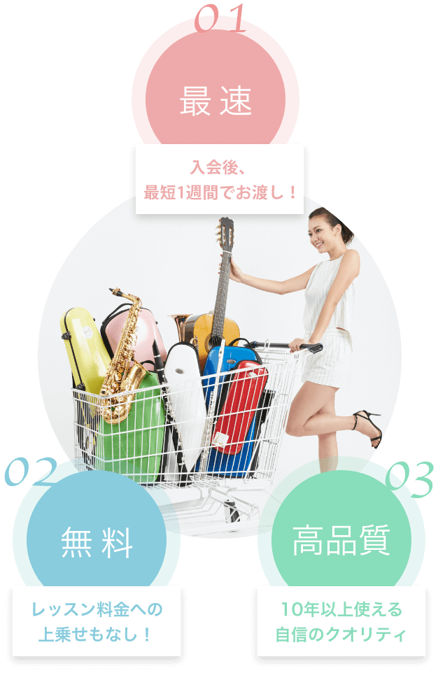 01 最速 入会当日にその場でお渡し! 02 無料 レッスン料金への上乗せもなし! 03 高品質 10年以上使える自信のクオリティ