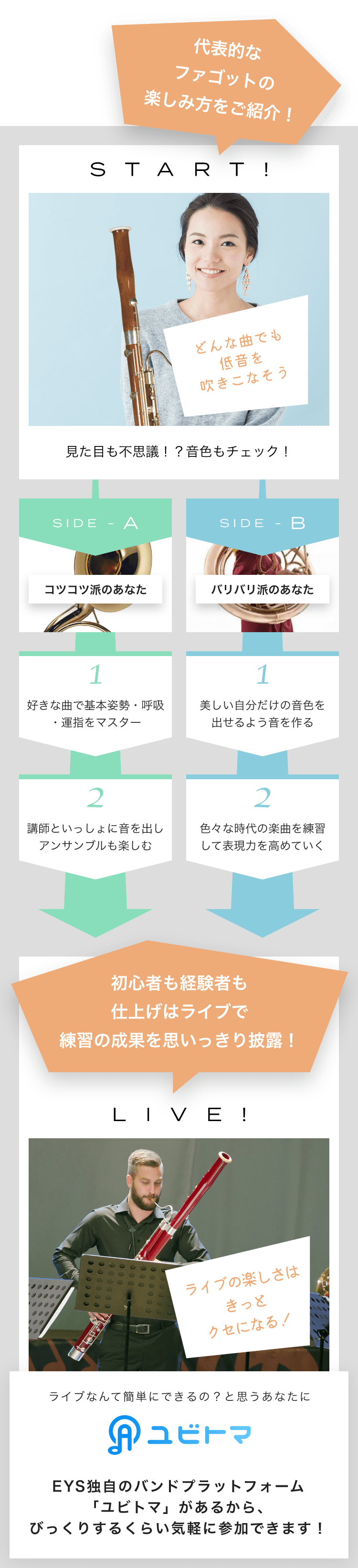 START! どんな曲でも低音を吹きこなそう 見た目も不思議!?音色もチェック! SIDE-A 1. 好きな曲で基本姿勢・呼吸・運指をマスター 2. 講師といっしょに音を出しアンサンブルも楽しむ SIDE-B 1. 美しい自分だけの音色を出せるよう音を作る 2. 色々な時代の楽曲を練習して表現力を高めていく 初心者も経験者も仕上げはライブで練習の成果を思いっきり披露!LIVE!ライブの楽しさはきっとクセになる!ライブなんて簡単にできるの?と思うあなたにユビトマEYS独自のバンドプラットフォーム「ユビトマ」があるから、びっくりするくらい気軽に参加できます!