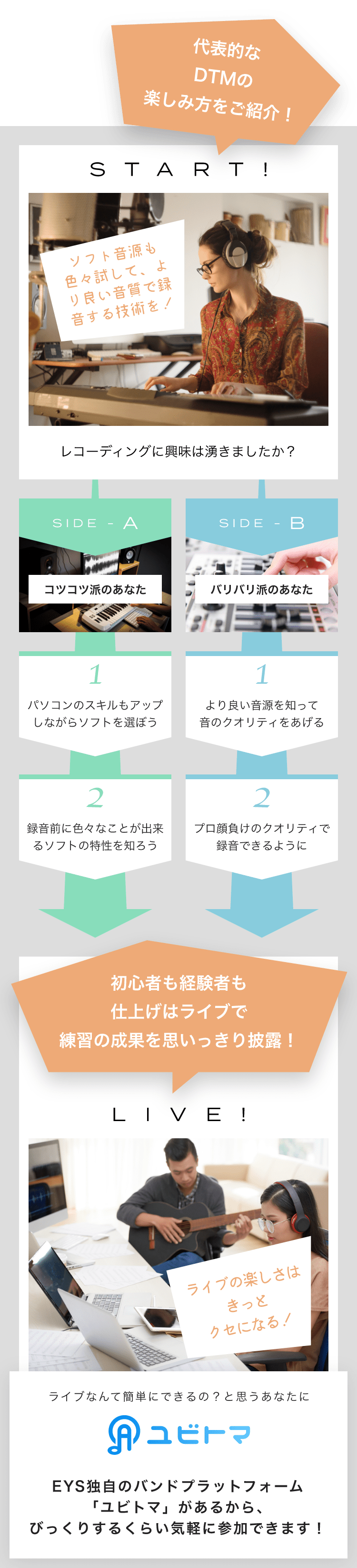 START! ソフト音源も色々試して、より良い音質で録音する技術を! レコーディングに興味は湧きましたか? SIDE-A 1. パソコンのスキルもアップしながらソフトを選ぼう 2. 録音前に色々なことが出来るソフトの特性を知ろう SIDE-B 1. より良い音源を知って音のクオリティをあげる 2. プロ顔負けのクオリティで録音できるように 初心者も経験者も仕上げはライブで練習の成果を思いっきり披露!LIVE!ライブの楽しさはきっとクセになる!ライブなんて簡単にできるの?と思うあなたにユビトマEYS独自のバンドプラットフォーム「ユビトマ」があるから、びっくりするくらい気軽に参加できます!