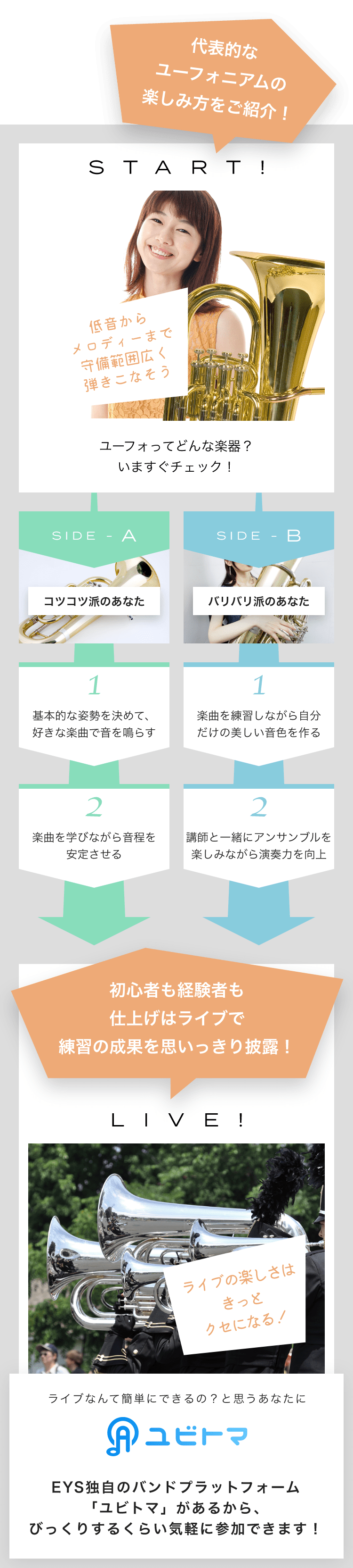 START! 低音からメロディーまで守備範囲広く弾きこなそう ユーフォってどんな楽器?いますぐチェック! SIDE-A 1. 基本的な姿勢を決めて、好きな楽曲で音を鳴らす 2. 楽曲を学びながら音程を安定させる SIDE-B 1. 楽曲を練習しながら自分だけの美しい音色を作る 2. 講師と一緒にアンサンブルを楽しみながら演奏力を向上 初心者も経験者も仕上げはライブで練習の成果を思いっきり披露!LIVE!ライブの楽しさはきっとクセになる!ライブなんて簡単にできるの?と思うあなたにユビトマEYS独自のバンドプラットフォーム「ユビトマ」があるから、びっくりするくらい気軽に参加できます!