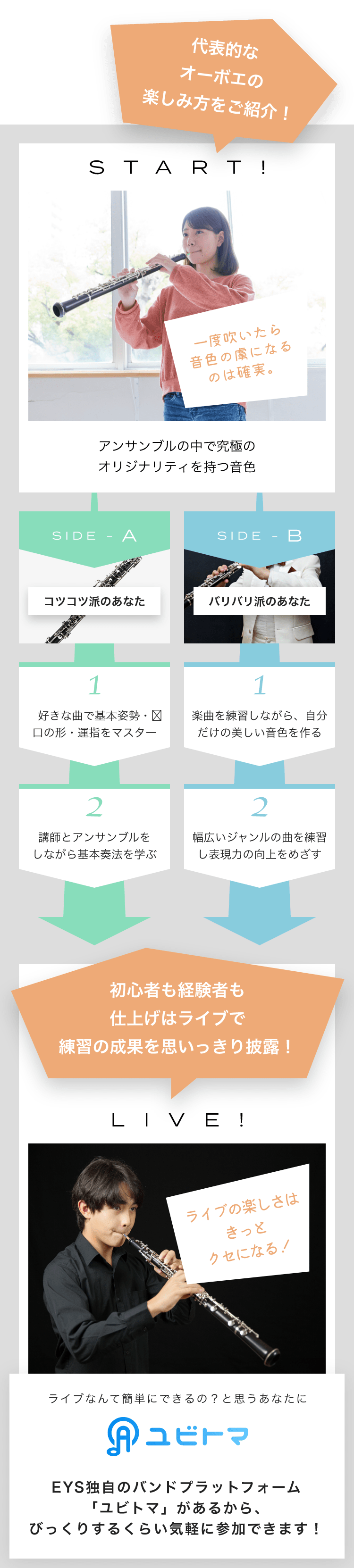 代表的なオーボエの楽しみ方をご紹介!SIDE-A 1.好きな曲で基本姿勢・口の形・運指をマスター 2. 講師とアンサンブルをしながら基本奏法を学ぶ SIDE-B 1. 楽曲を練習しながら、自分だけの美しい音色を作る 2. 幅広いジャンルの曲を練習し表現力の向上をめざす 初心者も経験者も仕上げはライブで練習の成果を思いっきり披露!LIVE! ライブの楽しさはきっとクセになる!ライブなんて簡単にできるの?と思うあなたにユビトマEYS独自のバンドプラットフォーム「ユビトマ」があるから、びっくりするくらい気軽に参加できます!