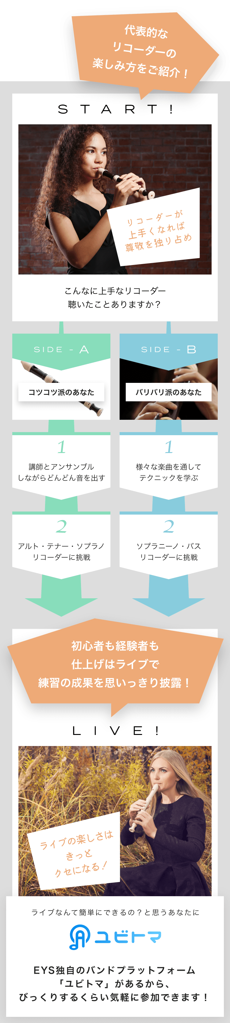 START! リコーダーが上手くなれば尊敬を独り占めこんなに上手なリコーダー聴いたことありますか? SIDE-A 1. 講師とアンサンブルしながらどんどん音を出す 2. アルト・テナー・ソプラノリコーダーに挑戦 SIDE-B 1. 様々な楽曲を通してテクニックを学ぶ 2. ソプラニーノ・バスリコーダーに挑戦初心者も経験者も仕上げはライブで練習の成果を思いっきり披露!LIVE!ライブの楽しさはきっとクセになる!ライブなんて簡単にできるの?と思うあなたにユビトマEYS独自のバンドプラットフォーム「ユビトマ」があるから、びっくりするくらい気軽に参加できます!
