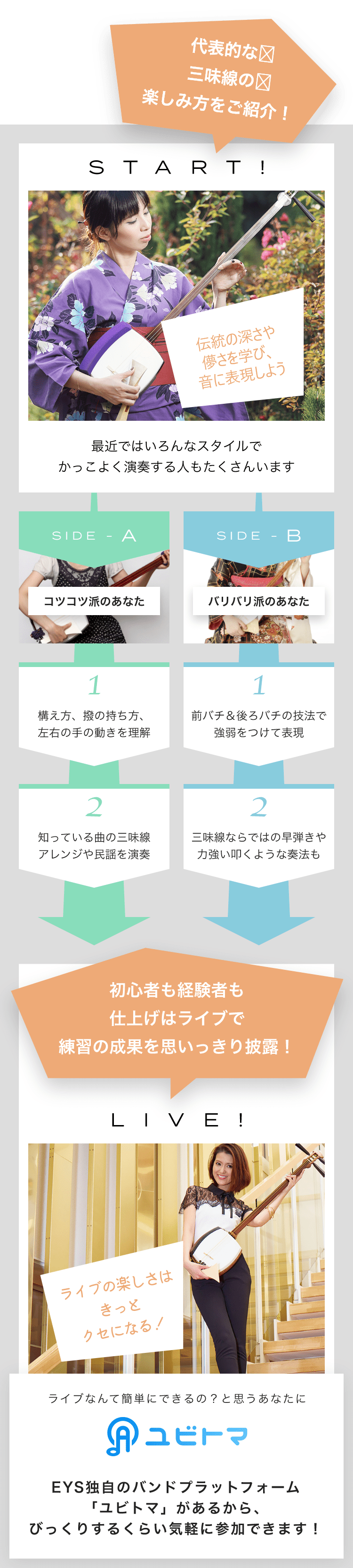 START! 伝統の深さや儚さを学び、音に表現しよう 最近ではいろんなスタイルでかっこよく演奏する人もたくさんいます SIDE-A 1. 構え方、撥の持ち方、左右の手の動きを理解 2. 知っている曲の三味線アレンジや民謡を演奏 SIDE-B 1. 前バチ&後ろバチの技法で強弱をつけて表現 2. 三味線ならではの早弾きや力強い叩くような奏法も 初心者も経験者も仕上げはライブで練習の成果を思いっきり披露!LIVE!ライブの楽しさはきっとクセになる!ライブなんて簡単にできるの?と思うあなたにユビトマEYS独自のバンドプラットフォーム「ユビトマ」があるから、びっくりするくらい気軽に参加できます!