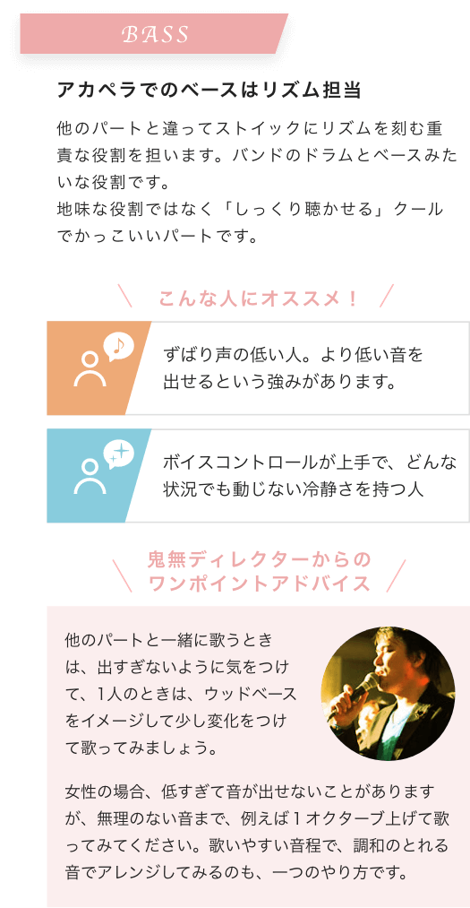 BASS アカペラでのベースはリズム担当 他のパートと違ってストイックにリズムを刻む重責な役割を担います。バンドのドラムとベースみたいな役割です。地味な役割ではなく「しっくり聴かせる」クールでかっこいいパートです。こんな人にオススメ!ずばり声の低い人。より低い音を出せるという強みがあります。ボイスコントロールが上手で、どんな状況でも動じない冷静さを持つ人 鬼無ディレクターからのワンポイントアドバイス 他のパートと一緒に歌うときは、出すぎないように気をつけて、1人のときは、ウッドベースをイメージして少し変化をつけて歌ってみましょう。女性の場合、低すぎて音が出せないことがありますが、無理のない音まで、例えば1オクターブ上げて歌ってみてください。歌いやすい音程で、調和のとれる音でアレンジしてみるのも、一つのやり方です。