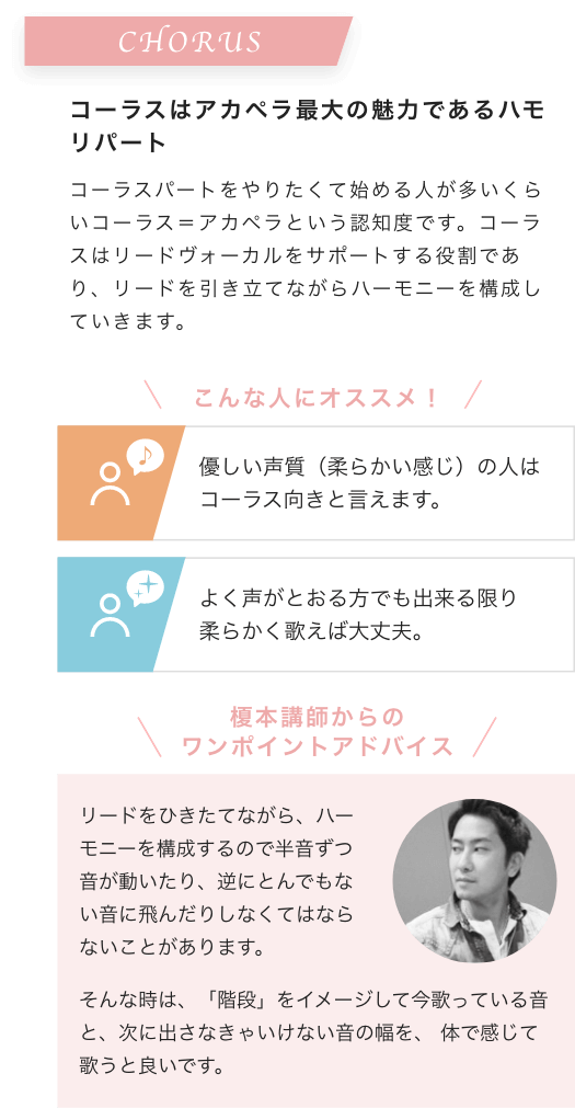 CHORUS コーラスはアカペラ最大の魅力であるハモリパート コーラスパートをやりたくて始める人が多いくらいコーラス=アカペラという認知度です。コーラスはリードヴォーカルをサポートする役割であり、リードを引き立てながらハーモニーを構成していきます。こんな人にオススメ!優しい声質(柔らかい感じ)の人はコーラス向きと言えます。よく声がとおる方でも出来る限り柔らかく歌えば大丈夫。榎本講師からのワンポイントアドバイス リードをひきたてながら、ハーモニーを構成するので半音ずつ音が動いたり、逆にとんでもない音に飛んだりしなくてはならないことがあります。そんな時は、「階段」をイメージして今歌っている音と、次に出さなきゃいけない音の幅を、 体で感じて歌うと良いです。
