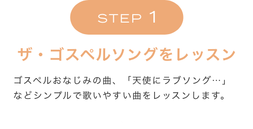 STEP1 ザ・ゴスペルソングをレッスン ゴスペルおなじみの曲、「天使にラブソング…」などシンプルで歌いやすい曲をレッスンします。